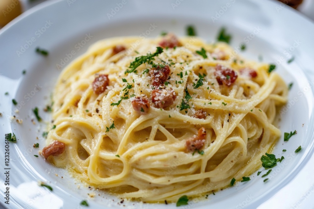 Spaghetti carbonara with bacon and grated cheese decorating a white plate Spaghetti carbonara with bacon and grated cheese decorating a white plate