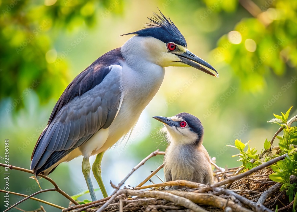 Minimalist Black-crowned Night Heron Caring for Chick in Nest Minimalist Black-crowned Night Heron Caring for Chick in Nest
