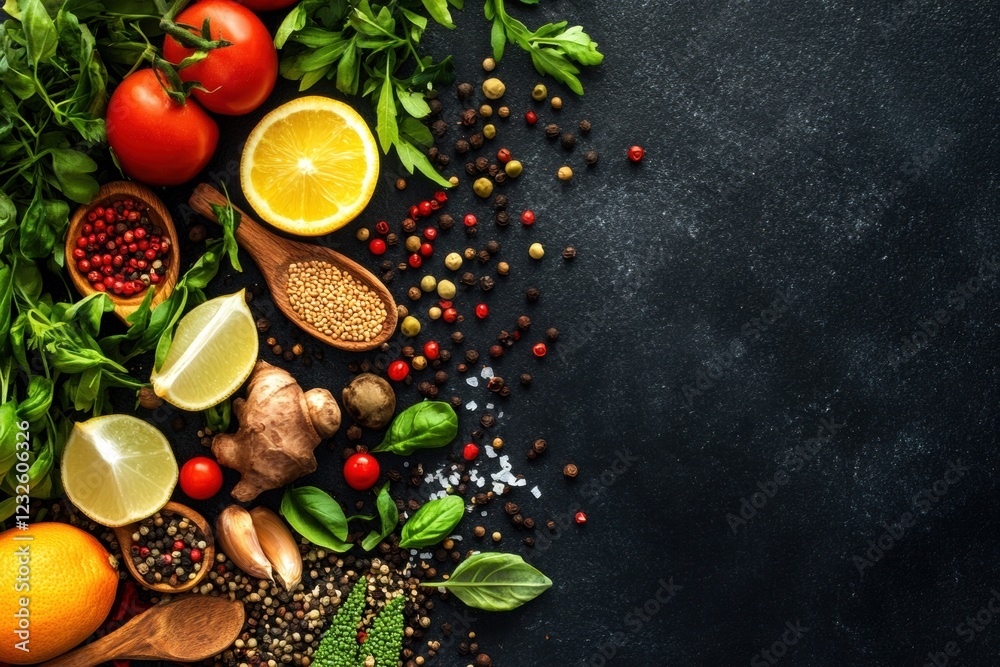 Fresh vegetables, citrus fruits, herbs and spices creating a vibrant culinary border on dark background Fresh vegetables, citrus fruits, herbs and spices creating a vibrant culinary border on dark background