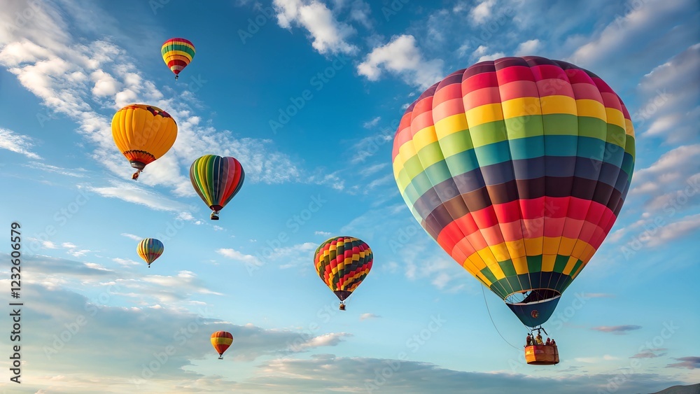 Fototapeta premium a collection of colorful hot air balloons floating in a bright blue sky