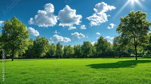 Sunny park, lush green grass, trees, blue sky, clouds, nature photo