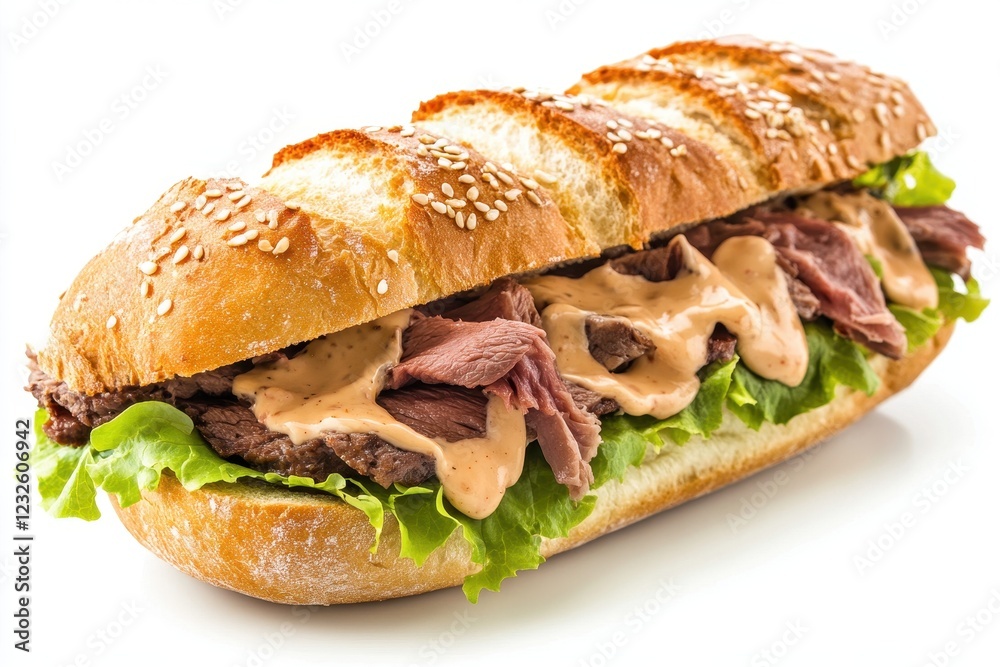 Roast beef sandwich with burger sauce Emmental cheese lettuce sesame seed bread bun isolated on white background . Roast beef sandwich with burger sauce Emmental cheese lettuce sesame seed bread bun isolated on white background .
