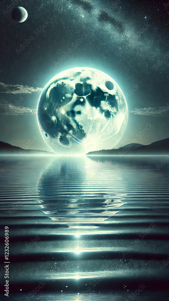 Fototapeta premium Surreal Giant Moon Reflection on a Tranquil Lake Under a Starry Sky