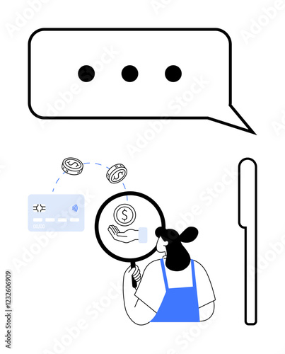Person holding magnifying glass examining mobile device, credit card, and currency exchange symbols. Ideal for fintech, online payments, mobile banking, e-commerce, digital wallets, financial