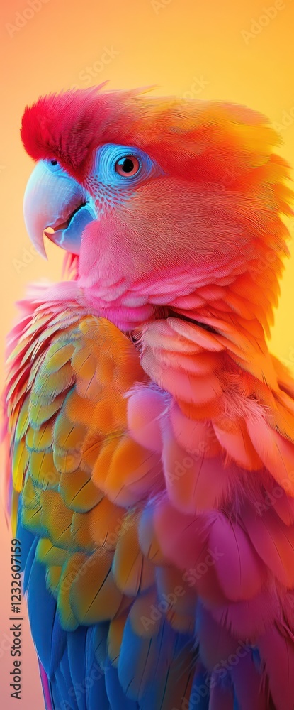 Fototapeta premium Vibrant parrot profile, colorful plumage, orange background, nature