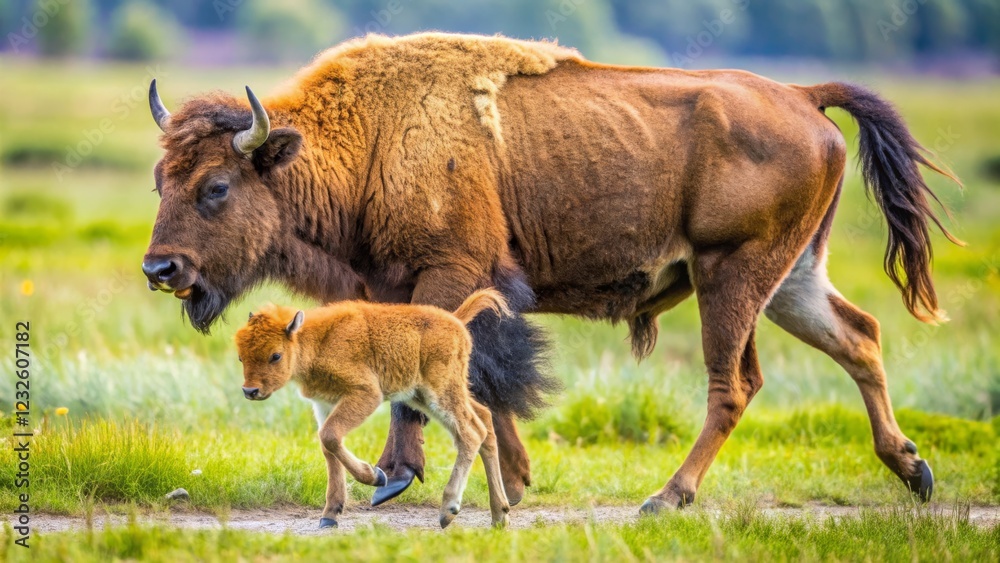 Bison Cow and Calf Walking Together in Natural Green Landscape Bison Cow and Calf Walking Together in Natural Green Landscape