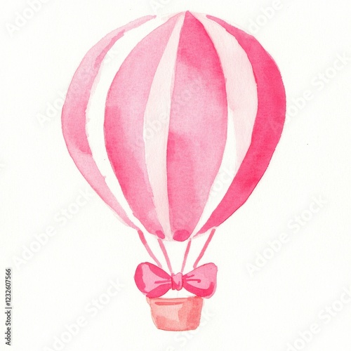 Whimsical watercolor pink hot air balloon in pastel hues dreamy sky art illustration playful atmosphere aerial view, isolated on white background