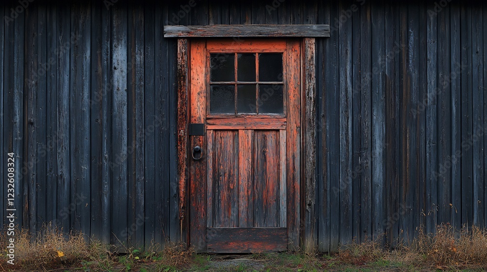 Rustic orange door contrasts darkly weathered wood siding soft autumn light bathes scene. AI Generated Rustic orange door contrasts darkly weathered wood siding soft autumn light bathes scene. AI Generated