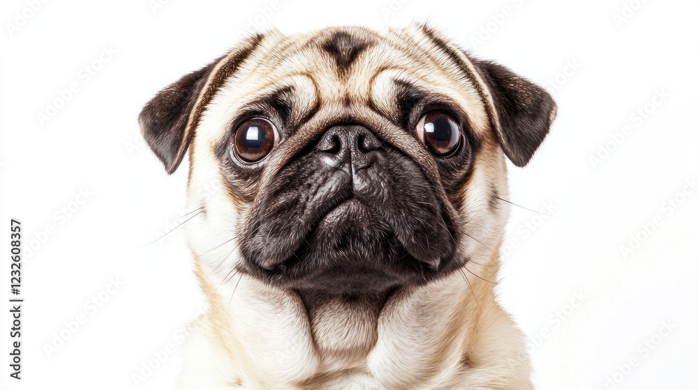 Adorable pug puppy looking directly at camera against white background. Adorable pug puppy looking directly at camera against white background.