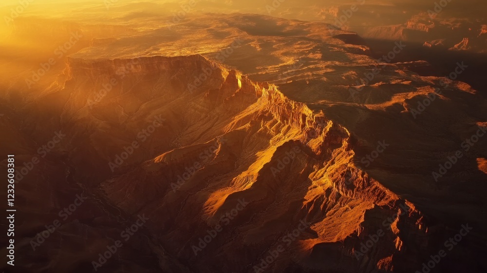 Fototapeta premium Grand Canyon aerial capture at sunset, with the canyon glowing in warm golden tones