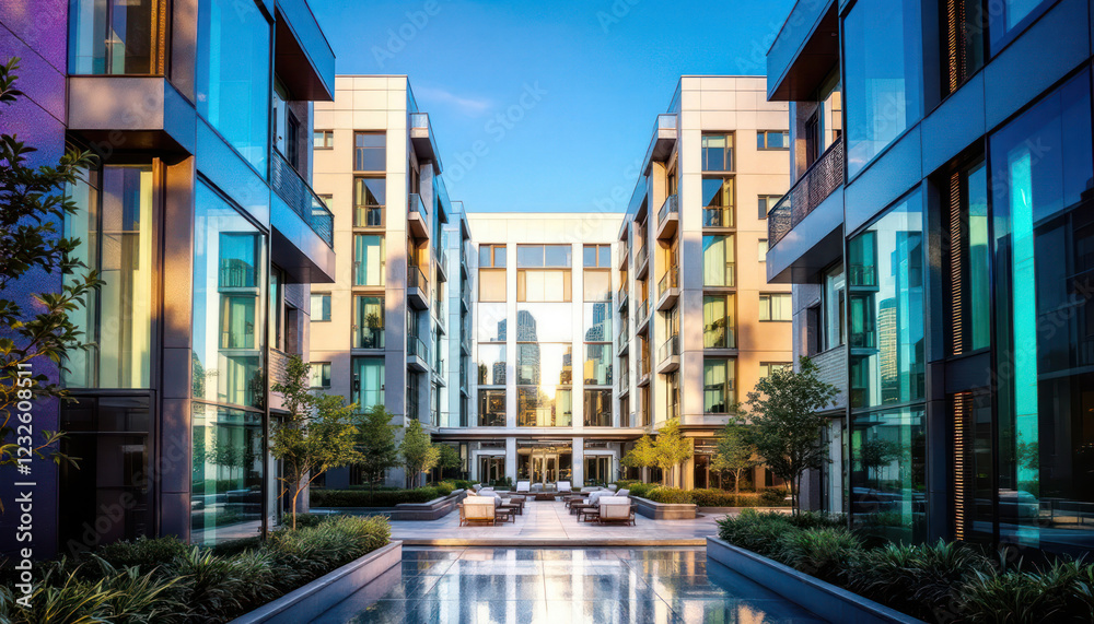 Modern Apartment Complex Courtyard at Sunrise Modern Apartment Complex Courtyard at Sunrise