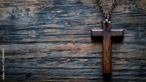 A cross pendant on a wooden background, copyspace photo