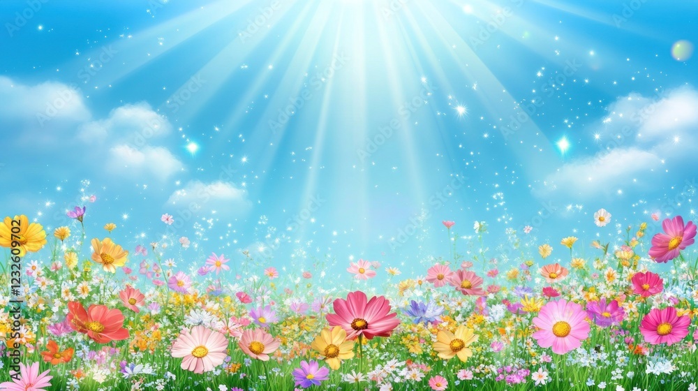 Fototapeta premium Heavenly Spring Meadow: A Vibrant Tapestry of Blossoms Under a Radiant Sun