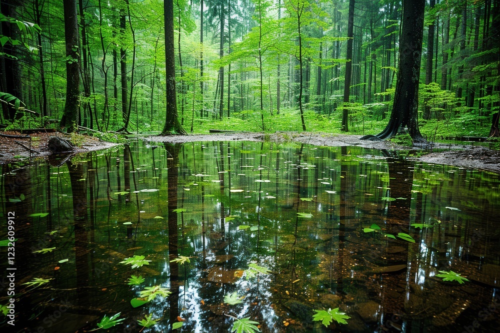 Fototapeta premium A tranquil forest scene featuring lush greenery and a reflective pond surrounded by tall trees, creating a serene natural atmosphere.