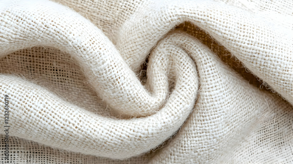 Fototapeta premium Cream linen fabric texture, swirled design, close-up, textile background, for fashion design