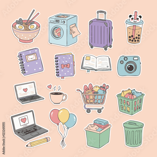 This image features a collection of pastel-colored, hand-drawn stickers depicting various everyday items