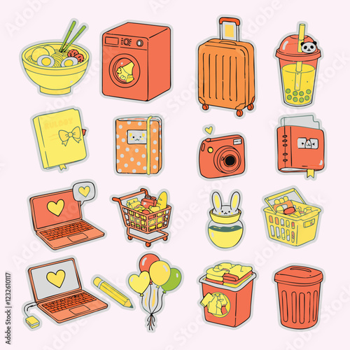 This set of 15 colorful, cartoonish stickers features everyday objects like food, electronics, travel items, and home goods