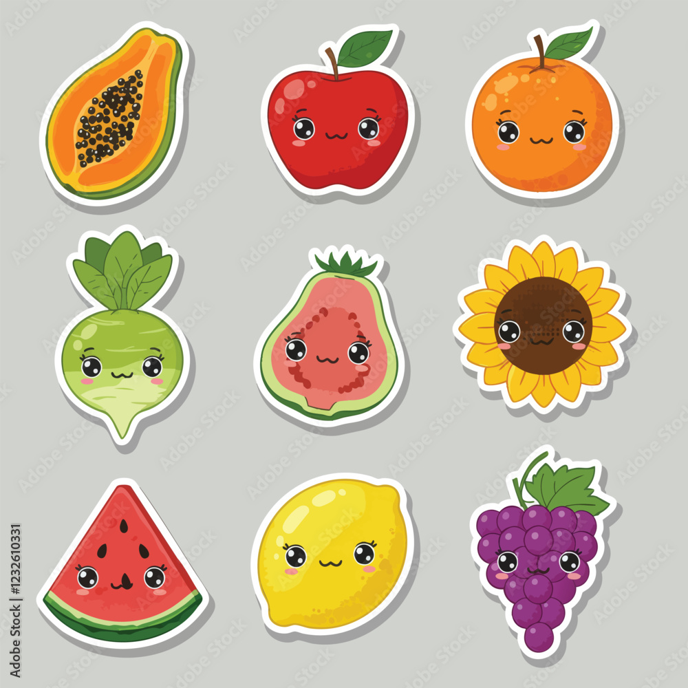 A collection of nine adorable kawaii-style fruit stickers