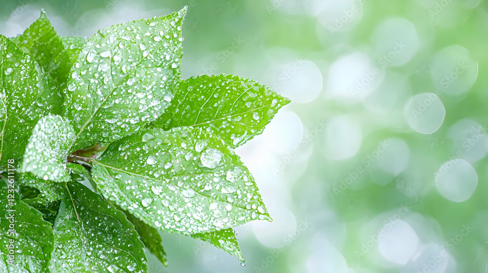 Dewy green leaves, bokeh background, nature freshness, website banner Dewy green leaves, bokeh background, nature freshness, website banner