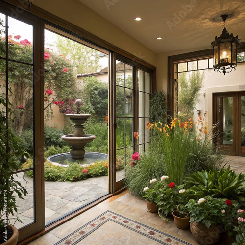 Fototapeta Naklejka Na Ścianę i Meble -  Beautiful garden with open window of room