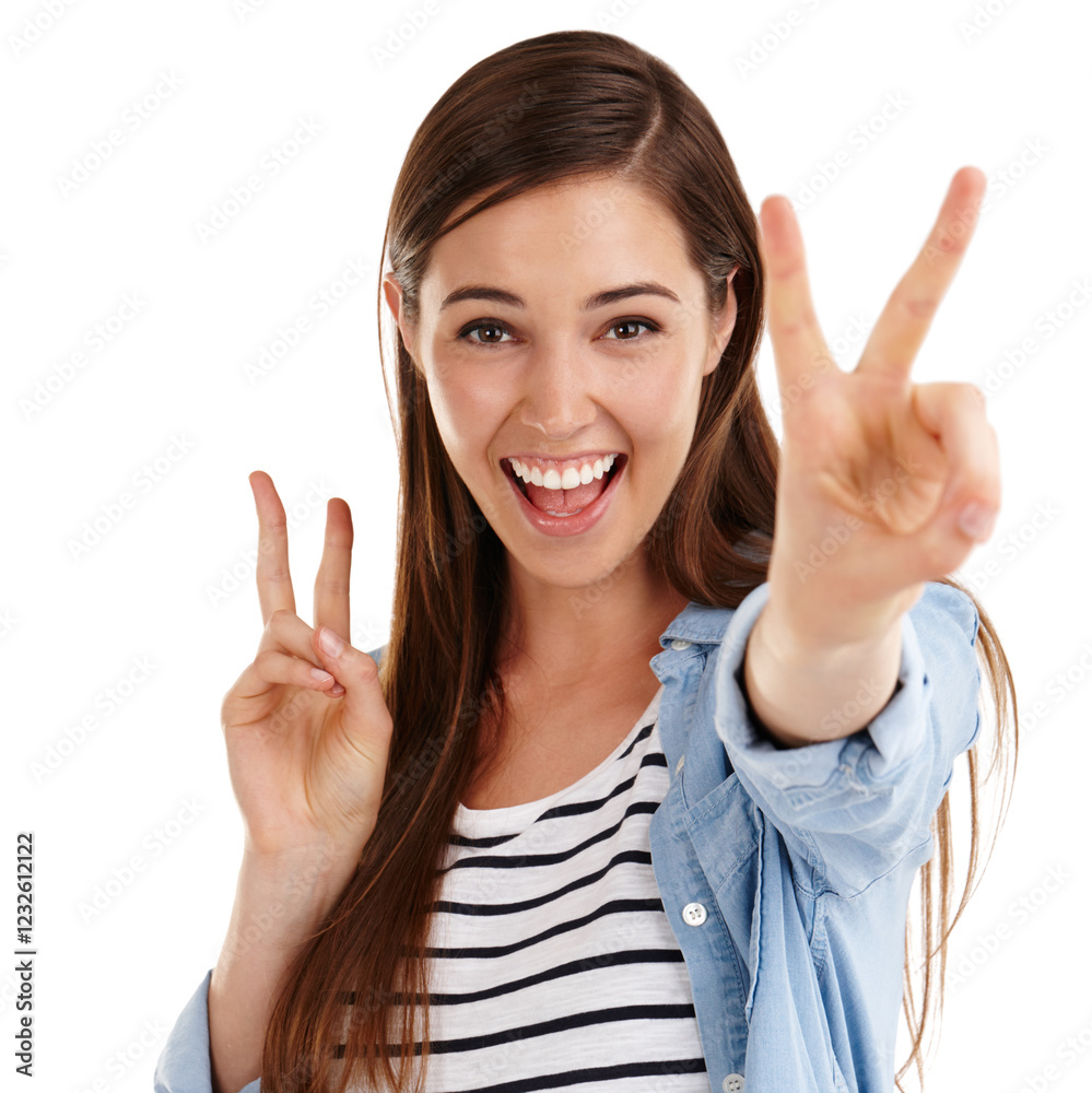 Woman, portrait and peace sign in studio, emoji and promotion for kindness on white background. Female person, positive attitude and symbol for confidence, happy and excited with emoticon review Woman, portrait and peace sign in studio, emoji and promotion for kindness on white background. Female person, positive attitude and symbol for confidence, happy and excited with emoticon review