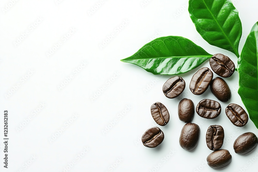 Roasted Coffee Beans and Fresh Leaves on White Background with Copy Space Roasted Coffee Beans and Fresh Leaves on White Background with Copy Space
