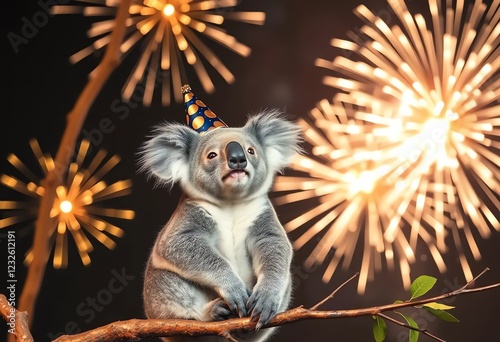 an image of a koala bear with a party hat on. photo