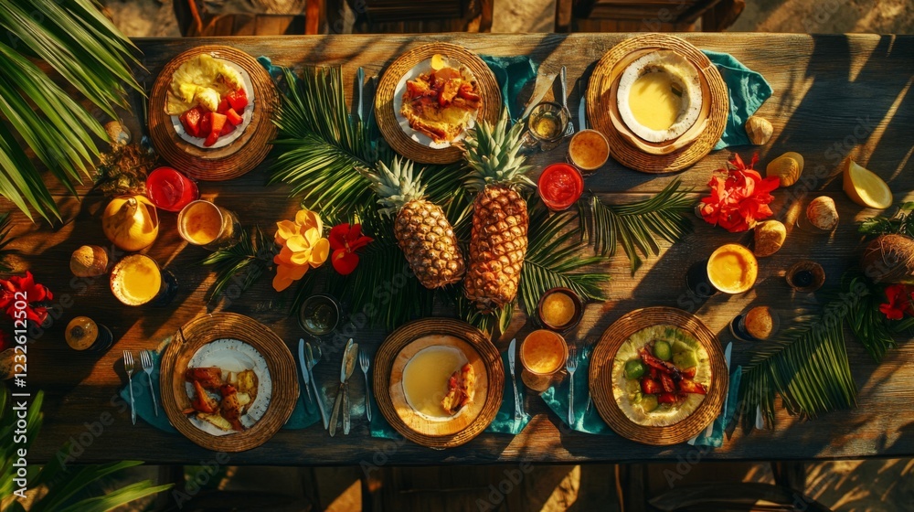 Naklejka premium Tropical Feast: Sunlit Summer Table Setting with Pineapple and Exotic Fruits