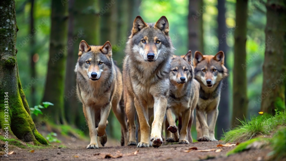 Pack of Wolves Walking Through Lush Green Forest Landscape Pack of Wolves Walking Through Lush Green Forest Landscape