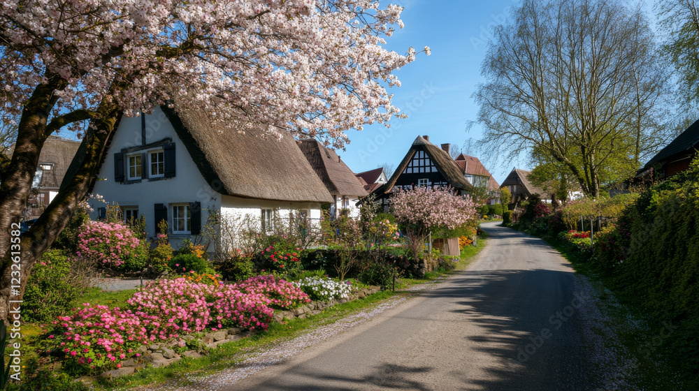 A charming rural road winds through a picturesque village adorned with blooming cherry blossoms and colorful flowers. The scene captures the essence of spring, inviting a serene stroll A charming rural road winds through a picturesque village adorned with blooming cherry blossoms and colorful flowers. The scene captures the essence of spring, inviting a serene stroll