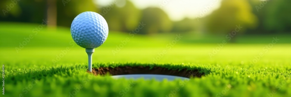 Golf ball precariously perched on hole's edge , grass, cup Golf ball precariously perched on hole's edge , grass, cup
