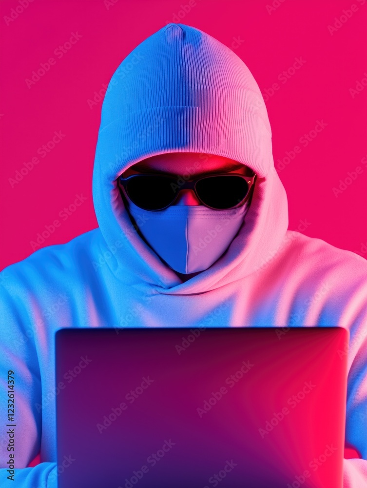 A hooded figure is focused on a laptop, immersed in a digital wallet security breach. The cyberpunk aesthetic features striking neon blue and red lighting, enhancing the urgency of the activity.