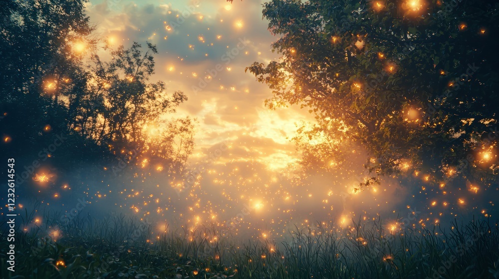 A fantasy landscape with glowing lights and soft clouds, evoking a sense of magic and wonder in an enchanting forest. A fantasy landscape with glowing lights and soft clouds, evoking a sense of magic and wonder in an enchanting forest.