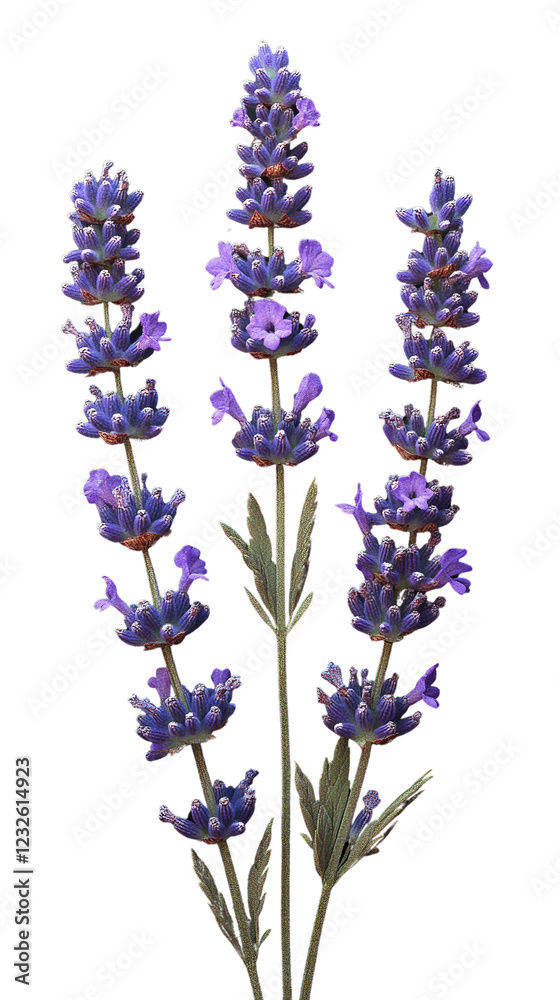 Fototapeta premium Lavender flowers with vibrant purple petals and green stems symbolizing relaxation, fragrance, herbal essence, isolated on transparent background.