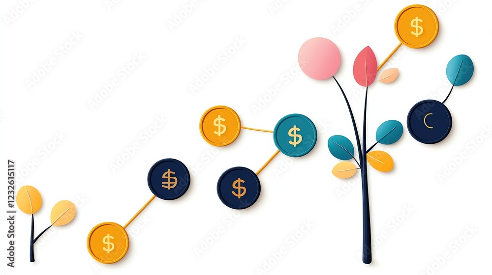 Growth chart with dollar symbols and leaves. Growth chart with dollar symbols and leaves.