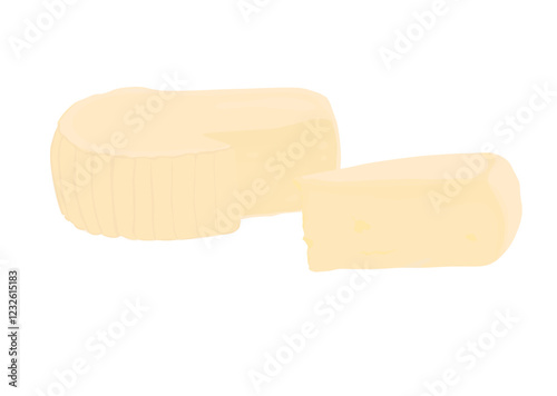 Camembert cheese with mold. Round head of cheese and triangular piece. Vector stock illustration. Isolated on white background. 