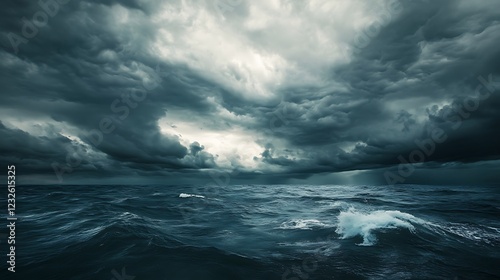 Dark stormy ocean with heavy clouds.