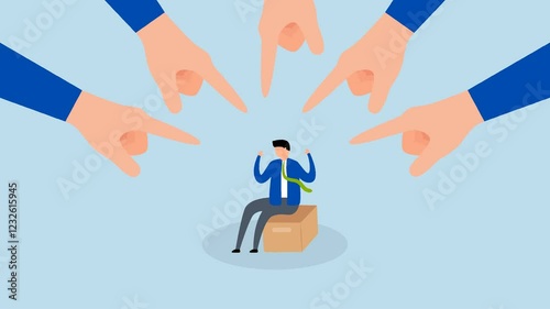Toxic work, 4k animation of enormous manager fingers indicating and accusing a troubled employee. 