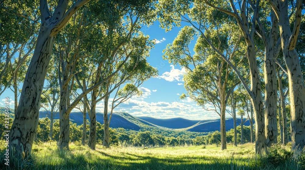Fototapeta premium A scenic view of the Australian outback with expansive eucalyptus trees lining the horizon, framed by a bright, clear sky.