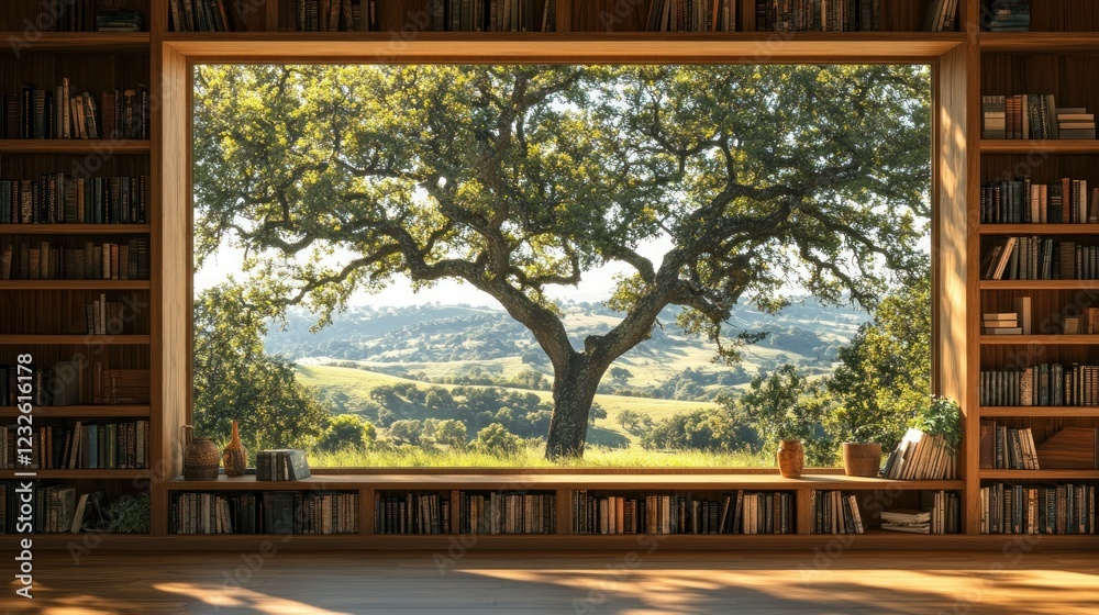 Fototapeta premium Tranquil library bathed in sunlight, showcasing a captivating view of a sprawling landscape through a large window. Books line the shelves, creating a peaceful and inspiring atmosphere.