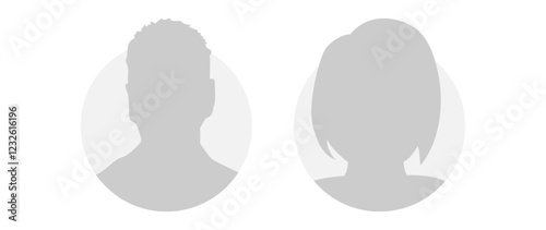 Vector flat illustration in grayscale. Icons of man and woman. Avatar, user profile, person icon, profile picture. Suitable for social media profiles, icons, screensavers and as a template.