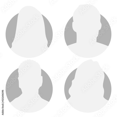 Vector flat illustration in grayscale. Icons of man and woman. Avatar, user profile, person icon, profile picture. Suitable for social media profiles, icons, screensavers and as a template.