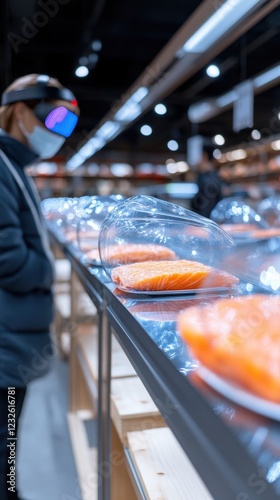 Fresh Salmon Display in Modern Supermarket with Customer Looking On photo