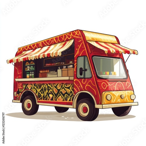 Ornate food truck, brightly colored, parked, street food vendor, illustration