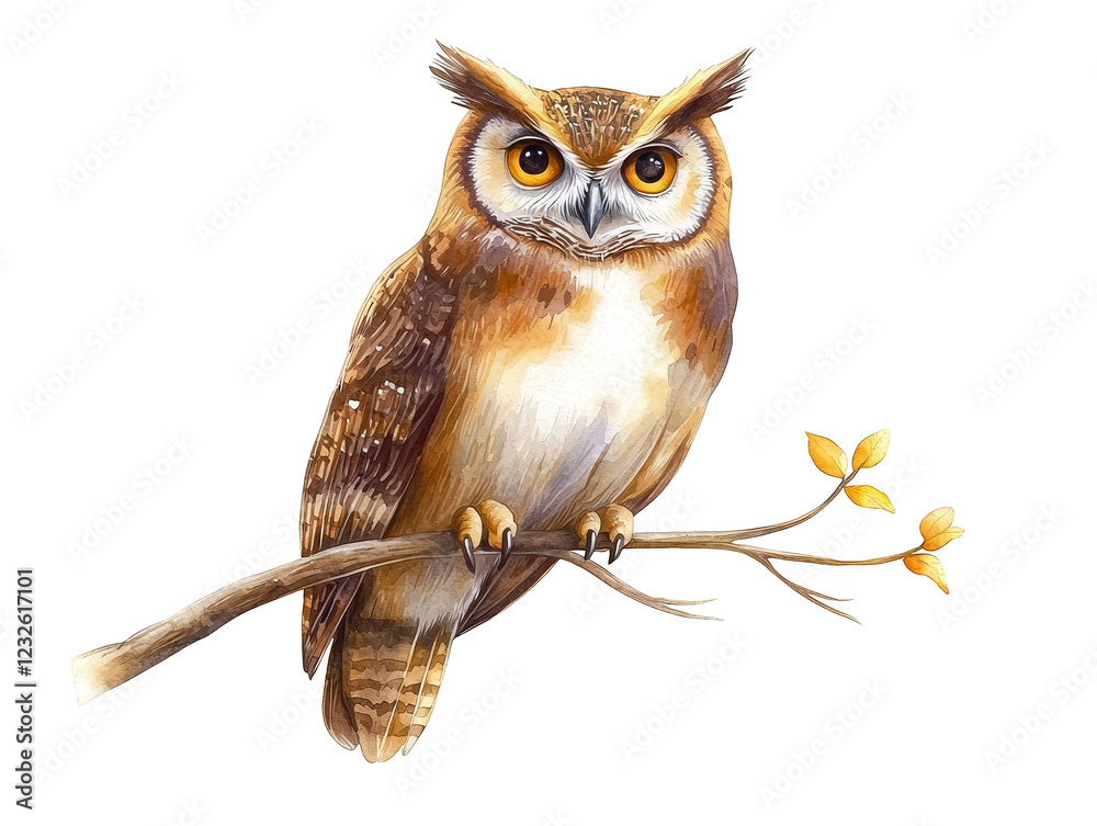 Naklejka premium Majestic owl perched on a branch with butterfly gently fluttering nearby owl