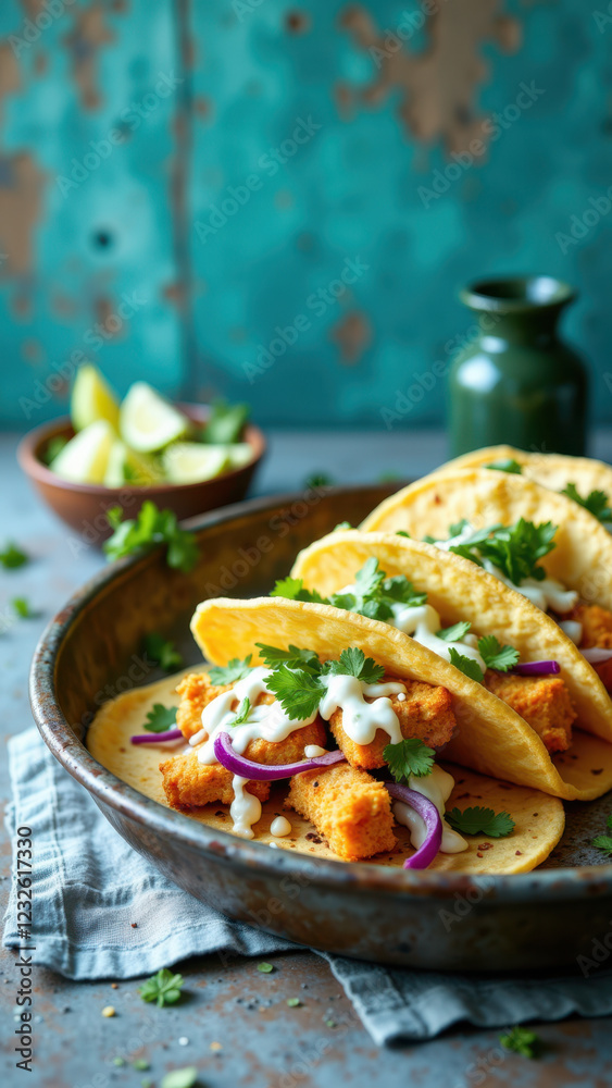 A plate of tacos with various toppings on a rustic dining table. A plate of tacos with various toppings on a rustic dining table.