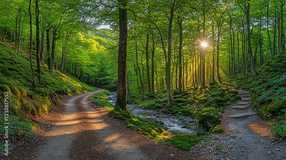 Obraz premium Serene forest path diverging near a stream at sunset, inviting exploration and tranquility
