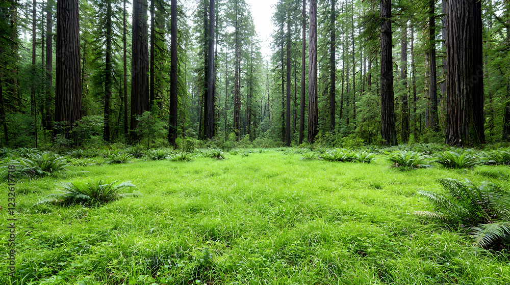 Fototapeta premium Redwood forest clearing, lush grass, misty day, nature background, travel poster