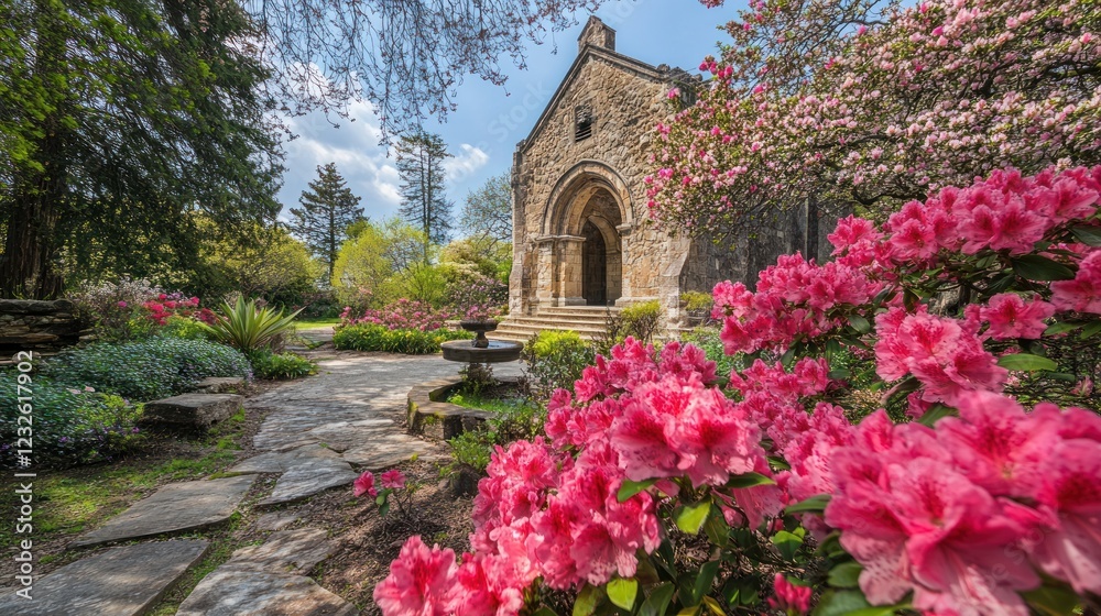 Naklejka premium Serene Spring Garden Chapel: Azaleas in Bloom