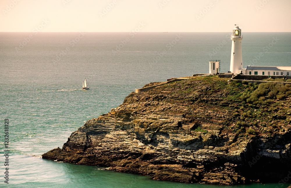 South Stack lighthouse near Holyhead on the island of Anglesey, north Wales, UK. Summer. Looking northwest over the Irish Sea